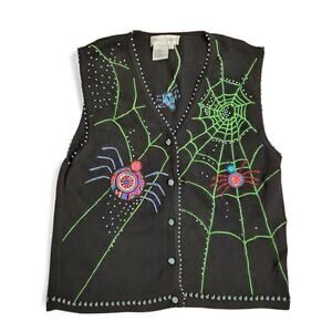 Vintage Halloween Maximalist Beaded  Cardigan Sweater Vest Kitschy Spider Webs